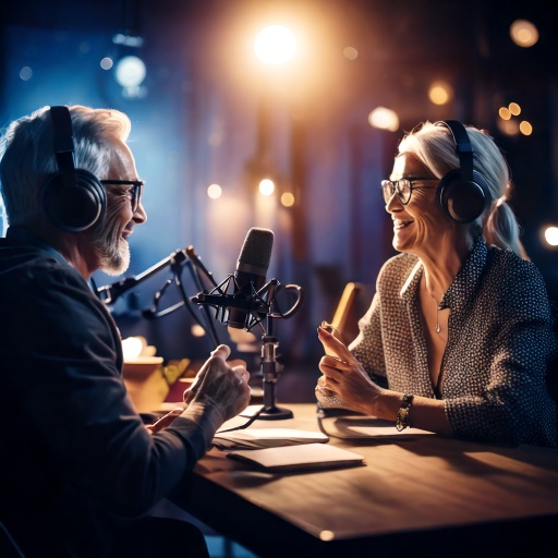 2 older people at a podcast recording
